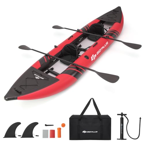 Goplus Inflatable Kayak, 2-Person Kayak Set for Adults with 507 LBS Weight Capacity, 2 Aluminium Oars, EVA Padded Seat, 2 Fins, Hand Pump, Carry Bag, Repair Kit, Portable Touring Kayaks (Red)