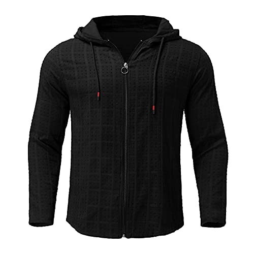 Tops for Men Zipper Hoodies Drawstring Short Sleeve Solid Color Fashion T-Shirts Autumn Casual Loose Blouse Tee (02 Black, L)