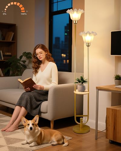 Image of Flower Floor Lamps with Table, 2-Lights Dimmable Floral Floor Lamp, 3000K Warmwhite Modern Floor Lamp, Vintage Gold Standing Lamp with 5Lbs Heavy Base for Living Room Bedroom Girls Room