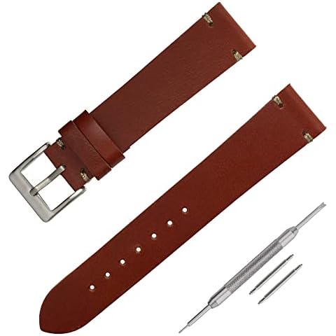 Vintage Stitch Leather Watch Band Strap - Catch Stitch -18mm 20mm 22mm - Black Brown Black Navy Blue (18mm, Saddle Tan) Cover