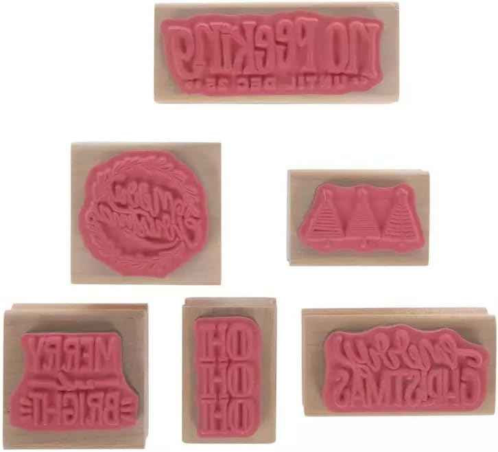 Holiday Craft Wooden Rubber Stamps and Tags Set, 6 Christmas Design Stamps with 20 White Gift Tags, Merry Christmas and No Peeking Designs for DIY Gift Wrapping