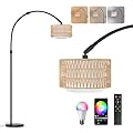 Arc Floor Lamp with Remote Control, Dimmable LED Floor Lamp with 3 Color Temperature, Black Standing Lamp with Rattan & Fabric Double Drum Shade, Boho Farmhouse Tall Floor Lamp for Living Room Bedroom