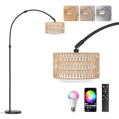 Arc Floor Lamp with Remote Control, Dimmable LED Floor Lamp with 3 Color Temperature, Black Standing Lamp with Rattan & Fabric Double Drum Shade, Boho Farmhouse Tall Floor Lamp for Living Room Bedroom