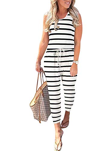 Reoria Women Summer Casual Sleeveless Tank Top Elastic Waist Loose Jumpsuit Rompers With Pockets Striped White Large #TOP3