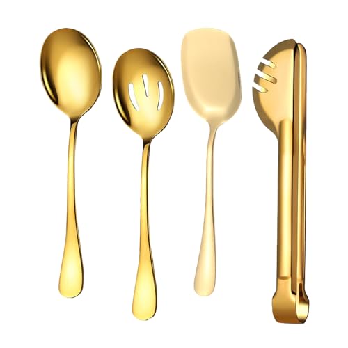 Juego de 4 cucharas de servir grandes, pinzas de cocina de acero inoxidable dorado, cucharas ranuradas, palas para bufé, fiestas, bodas, cenas