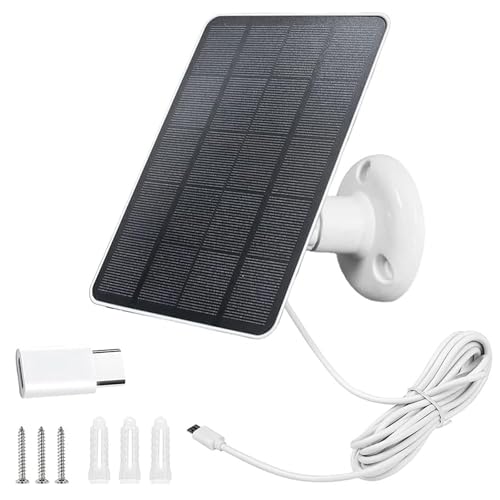 Panneau Solaire DC 5V/5W pour Caméra de Surveillance, Connexion Micro USB & USB-C, Chargeur Monocristallin IP65 avec Montage Réglable à 360° (Blanc)