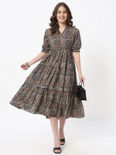 Image of PIDAVLIYA'S Women's Floral Summer Maxi Dress I Cotton Printed I One Piece Bodycon Midi Dress with V-Neck, Puffed Sleeves