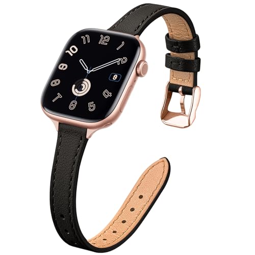 Image of STIROLL Slim Leather Bands Compatible with Apple Watch Band 49mm 46mm 45mm 44mm 42mm(Series 3 2 1), Top Grain Leather Watch Thin Wristband for iWatch Ultra SE Series 11 10 9 8 7 6 5 4(Black Rose Gold)