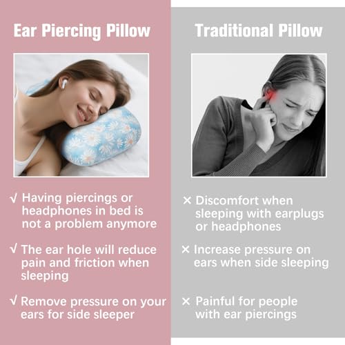 Ear Piercing Pillow for Side Sleeper with Hole for Relief Ears Pain CNH Piercing Pain Sleeping Pressure Sore, Comfortable Support Ear Guard Pillow to a Restful Sleep, Blue and White Daisy