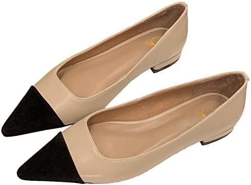 SHODENSE Women Casual Cap Toe Flats Slip on Pointed Toe Ballet Flats Two Tone 0.5" Low Flat Heel Pumps Comfortable Colorblock Basic Flat Dress Shoes Office Ladies Chic Driver Flats Beige 7.5 M US