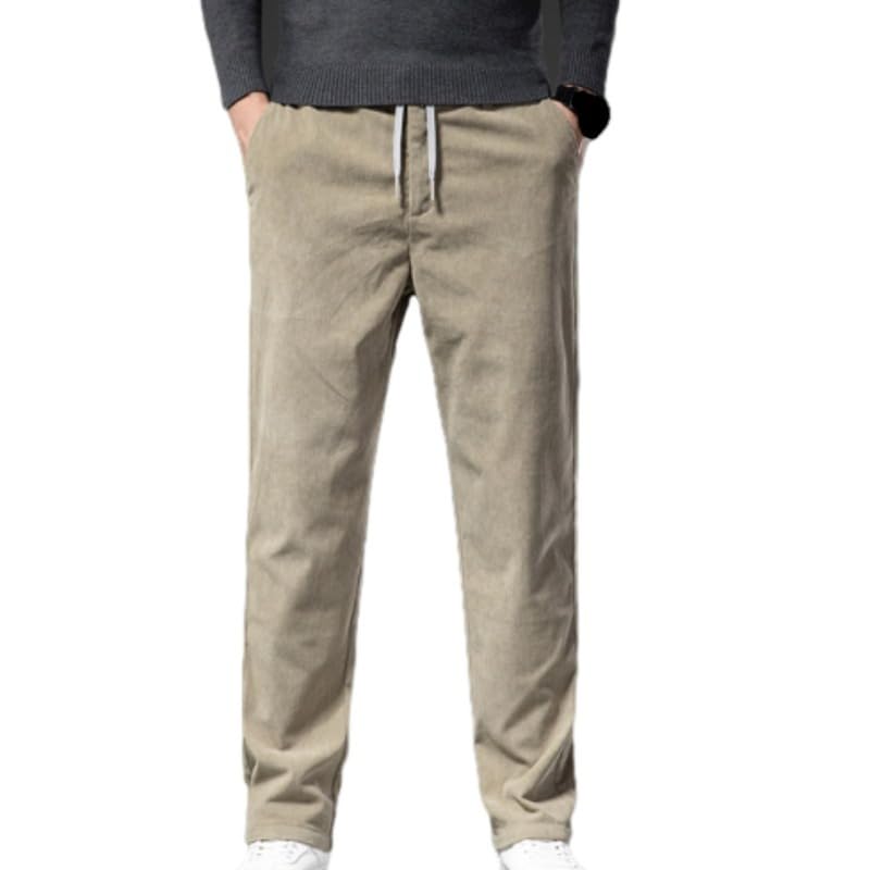 Men Cozy Stretch Corduroy Pants for Seniors, Casual Classic Fit Elastic Waist Drawstring Pull On Straight Leg Pants