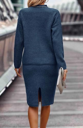Image of Women 2 Piece Knit Sweater Skirt Set Midi Sweater Dress Long Sleeve Pullover Bodycon Knitted Skirt Set Outfit