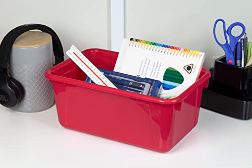Image of Storex Small Cubby Bins - Plastic Storage Containers for Classroom with Non-Snap Lid, 12.2 x 7.8 x 5.1 inches, Red, 5-Pack (62407A05C)