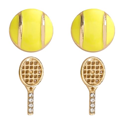 4 Pcs Tennis Earrings Set for Women, Rhinestone Tennis Racket Ball Studs, Sparkling Crystal Sport Jewelry Gift for Players