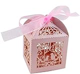 Derker 50 Pcs Romantic Hollow Out Love Birds Laser Cut Square Wedding Favor Candy Boxes Bridal Shower Party Favor Gift Boxes - Ribbon Included (Pink)