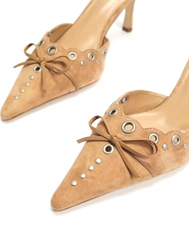 Kitten Heels for Women Pointed Toe Heels Studded Slip On Bow Heels Mules Faux Suede Sandals Kitten Heel Pumps 6