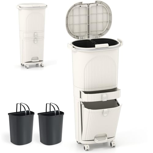 Caneca de basura beige con 3 compartimentos y ruedas 42 L
