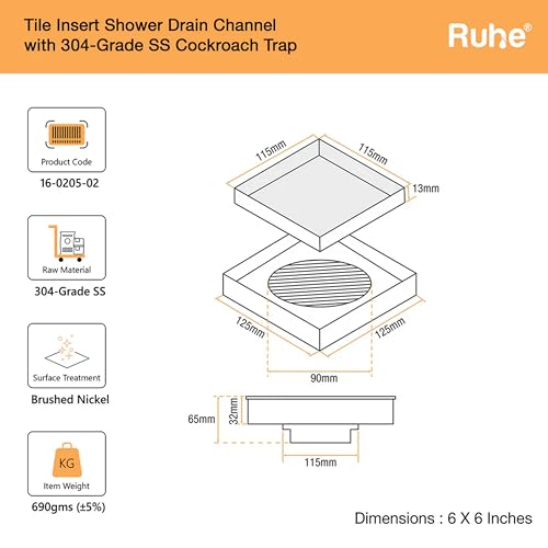 Ruhe Square Tile Insert Floor Drain | 304 Stainless Steel | Invisible Shower Drain Channel | 6 x 6 Inches | Waste Water Floor Drain for 13mm Tile | Drainer Channel | Anti Cockroach Trap | Silver