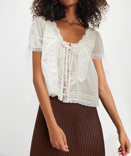 Women Tie Front Lace Trim Top Short Sleeve Semi Sheer Button up Shirt Y2k Ruffle Flowy Boho Blouse4