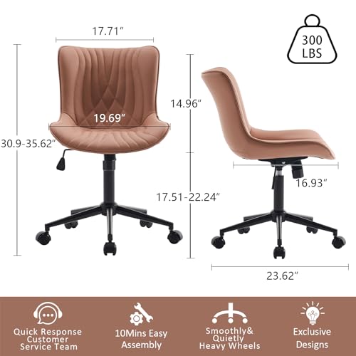 Image of YOUTASTE Pink Modern Office Chair, Faux Leather Armless Desk Chair with Wheels, Height Adjustable, Swivel, Rocking, 300 lbs Capacity, Metal Base, for Home Office Vanity