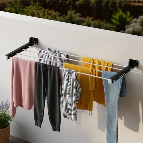 Image of TAGGY Heavy Duty 4 Layer Foldable Cloth Drying Stand for Balcony with 40 Feet Rope | Cloth Drying Stand | Wall Hanging Clothes Dryer Rack for Balcony & Indoor Wall Mounted Laundry Hanger Grey