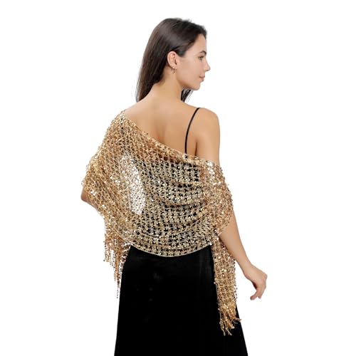 Women's Long Sequin Shawls 1920s Scarf Mesh Glittering Wedding Cape Fringed Evening Wrap Formal Harlem Night
