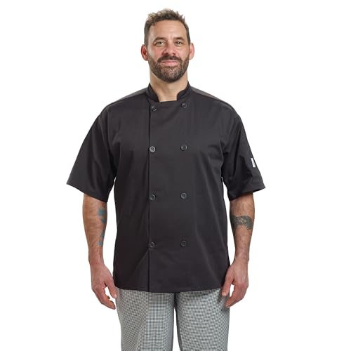 Image of Mercer Culinary Millennia Air Short Sleeve Men's Cook Jack with Full Mesh Back, Large, Black