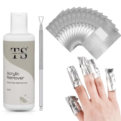 THR3E STROKES Acrylic Remover Kit, 100ml Gel Nail Polish Remover with Nail scrapper, 100pcs Foil nail Wrap, Quick & Easy Polish Remover In few Minutes Don’t Hurt Your Nails