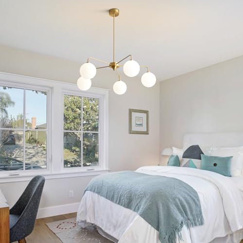 Image of 5 Light Modern Brass Chandelier Mid Century Gold Ceiling Light Fixture White Glass Globe Sputnik Chandelier for Dining Room Bedroom Kitchen