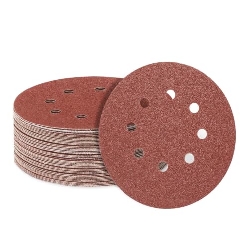 SUPBICCO 50 PCS 5 Inch 8 Hole Sanding Discs, 60 80 120 240 320 Assorted Grits Hook and Loop Round Sandpaper Pads for Random Orbital Sander