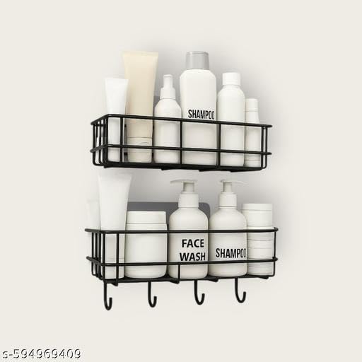 (Combo Offer) 2piC Powder Coated Self-Adhesive Shower Bathroom Shelf with Hooks, Hanging Toiletries Holder Makeup Storage Rack for Bathroom, Kitchen Spice Rack Shelf 3
