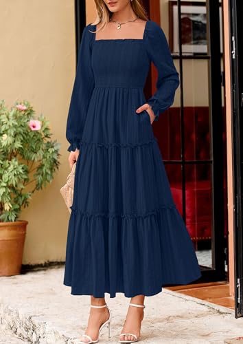 PRETTYGARDEN Fall Dresses for Women 2025 Casual Long Sleeve Smocked Ruffle Flowy Elegant Wedding Guest Maxi Dress Pockets2