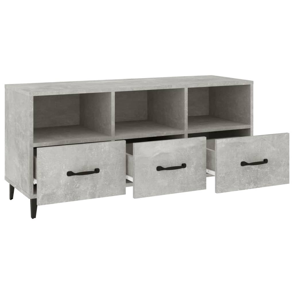 Nowoczesna szafka pod telewizor, betonowa szara, 102 x 35 x 50 cm, materiał drewnopochodny, z szufladami i półkami, do salonu, centrum rozrywki, stabilna konsola medialna