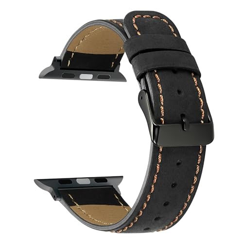 Apple Watch 本革レザーバンド, ステッチ, ブラック, ビジネス・フォーマル対応, 交換ベルト (44/45/49)Apple Watch Ultra3/2/1