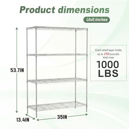 Image of BestOffice 4-Tier Wire Shelving Unit, 1000 LBS Heavy Duty Metal Storage Shelves, Adjustable Wire Shelf for Garage, Kitchen, Pantry, Utility Shelving Rack with Leveling Feet, Chrome