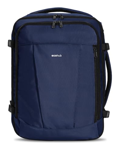 ECOHUB Mochila de Viaje Cabina Avion 40x30x20 Ryanair con 13 Compartimentos para Mujer y Hombre, Maleta Debajo del Asiento, Equipaje de Mano 24L, Recicladas, Patentado, Azul