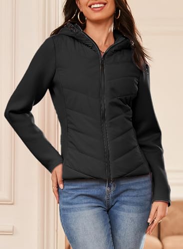 Dokotoo Women's Warm Quilted Lightweight Puffer Jacket Slim Fit Elasticity Patchwork Casual Hooded Puffer Coat3