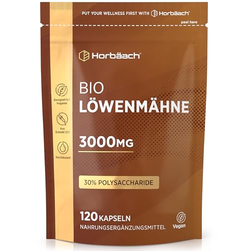Lions Mane Kapseln 3000mg | Bio Löwenmähne Pilz Hochdosiert | 120 Vegane Mushroom Kapseln | Hericium Erinaceus Extract | Horbaach