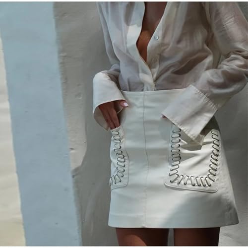 Bandage Patchwork Mini Skirt Women PU Leather High Waist Zipper A-line Skirts Spring Summer Lady Street Office3