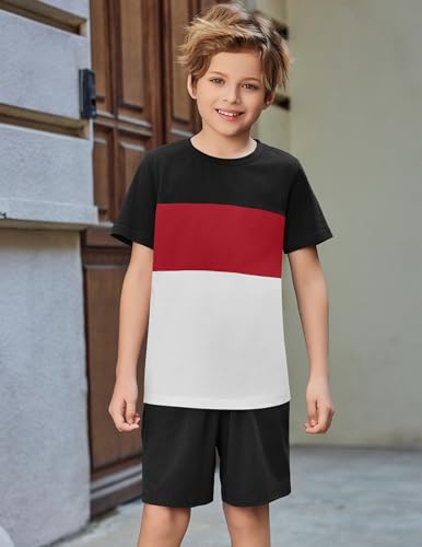 Image of Arshiner Boys' 2-Piece Cotton Outfit Color Block T-Shirt and Shorts Set Summer Camo Clothes for Kids 5-14 Years