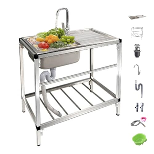 BRCYKRWY Lavello In Acciaio Inox Autoportante Esterno A Libera Installazione Cucina Commerciale Lavello Con Rubinetto E Ripiani Di Stoccaggio Con Banco Da Lavoro Per Ristorante Garage Lavanderia
