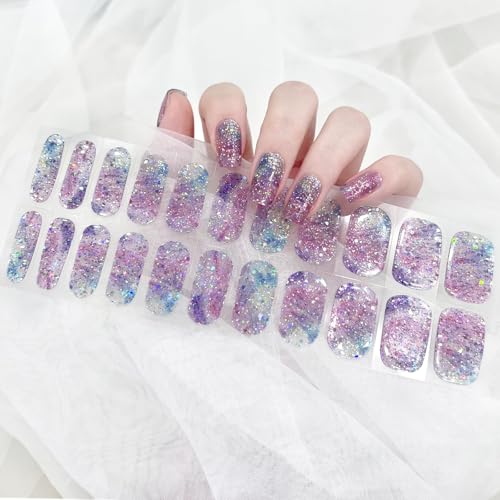 22pcs Semi Cured Gel Nails Strips Tips UV Nail Stickers Polish Wraps-Works with UV Nail Lamp Light, 2 Prep Pads File Wooden Stickers DIY Manicure Easy to Apply&Remove (021)