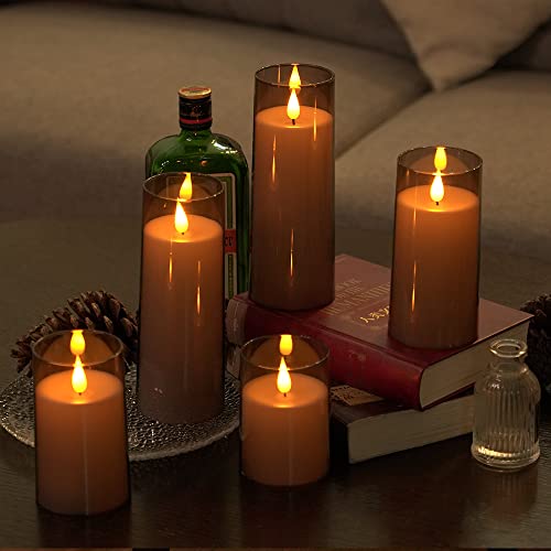 Fo32Won Grey Led Flameless Pillar Candles Battery Operated With Remote And Timer, Set Of 5 (D 3"×H 4" 5" 6" 8" 8") Plexiglass Led Flickering Candles With 3D Flame #TOP3