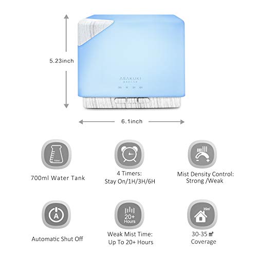 Asakuki 700Ml Premium Essential Oil Diffuser, 5 In 1 Ultrasonic Aromatherapy Fragrant Oil Vaporizer Humidifier, Timer And Auto-Off Safety Switch, 7 Led Light Colors #TOP4