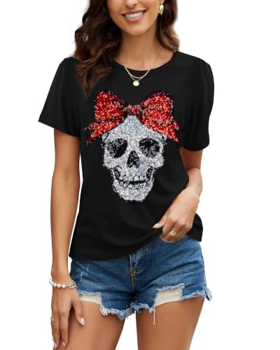 Image of PESION Womens Short Sleeve T-Shirt Sequined Tops O-Neck Funny Graphic Tees Blouse