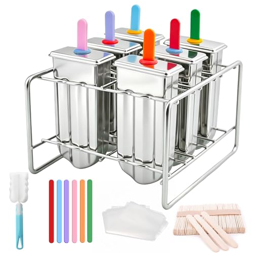 Image of 6-Piece Stainless Steel Popsicle Molds, Reusable Homemade Ice Pop Molds with Stand, Eco-Friendly for Kids & Adults, Includes Colorful Acrylic Sticks, Wooden Sticks & Bags（Round Head ）