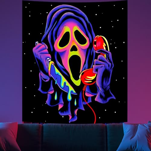 Blacklight Tapestry Horror Face, Halloween Decoration Tapestry Skull UV Wall Hanging Tapestries, Glowing Art Poster Party Home Backdrop Ghost Wall Hanging Tapestries for Living Room Bedroom