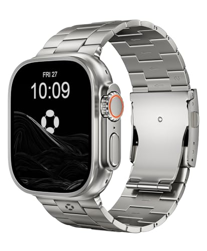 FiNESTONE Premium Grade 5 Titanium Band Compatible with Apple Watch Ultra 3/2/1 49mm Scratch-Resistant DLC Coating Metal Link Bracelet with Secure Foldover Clasp Buckle Adjustable Strap for Men - Natural Titanium