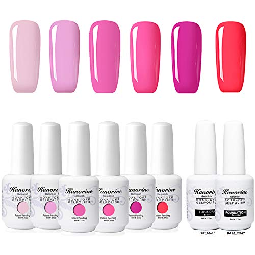 KANORINE™ 8pcs Vernis à ongles semi-permanent Gel vernis à ongles (6 couleurs+BaseCoat&TopCoat) UV LED Soak off Manucure Kit 8 × 8 ml Cover