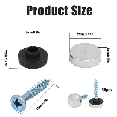 QIUMING 60 Stück Spiegelschrauben Spiegel Schrauben Silberne Kappen Zierschrauben Spiegelschrauben Panelschrauben Zur Dekoration von Spiegeln, Couchtischen, Kleiderschränken (60, Silber, 12mm)